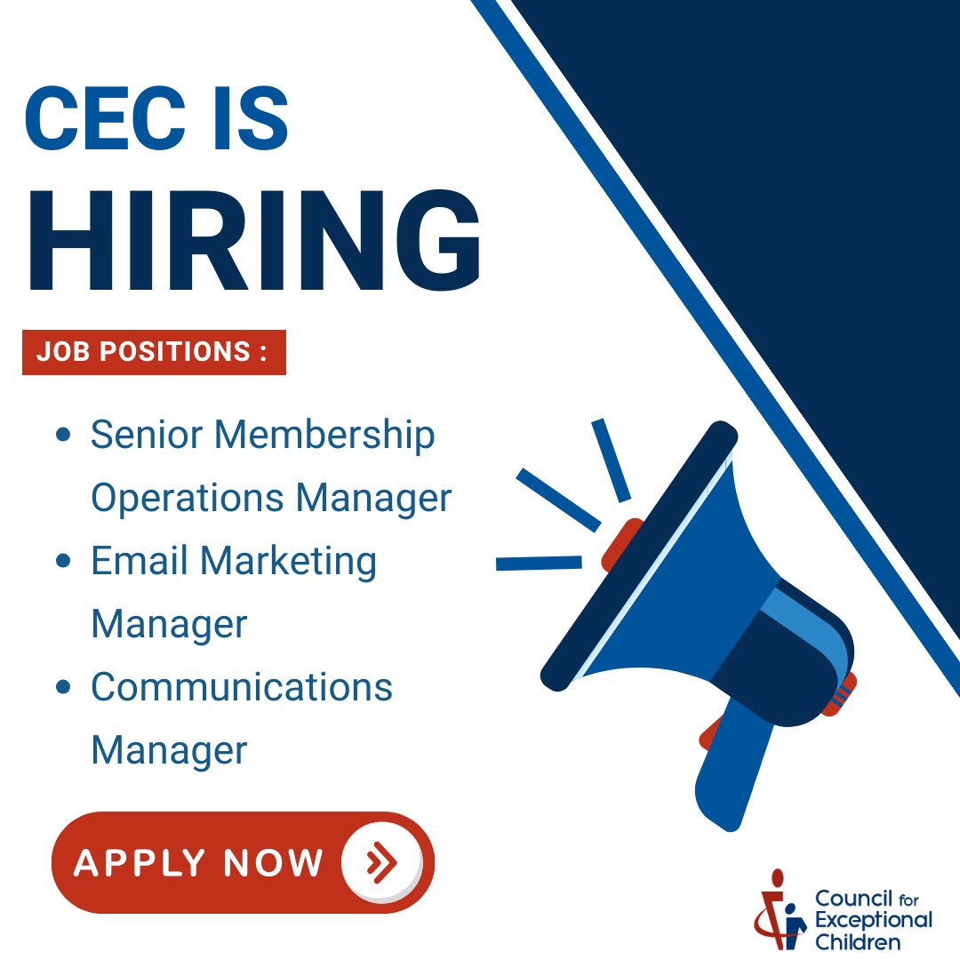CEC is hiring! Check out our open positions and apply to join the largest international professional organization dedicated to improving the success of children and youth with disabilities and/or gifts and talents. exceptionalchildren.org/about-us/jobs-…
