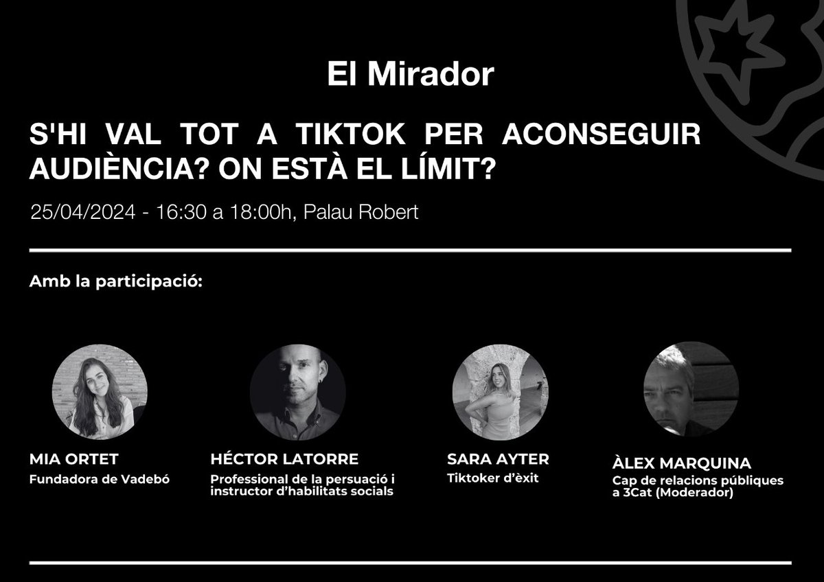 ⚠️ ÚLTIMS DIES PER APUNTAR-SE AL #ELMIRADOR ⚠️  El 25/4 a les 16:30h al @palaurobert, un nou #ElMirador per parlar sobre si existeixen uns límits a les xarxes socials per aconseguir audiència.  No t'ho perdis! Apunta't aquí: bit.ly/3TXPNoJ