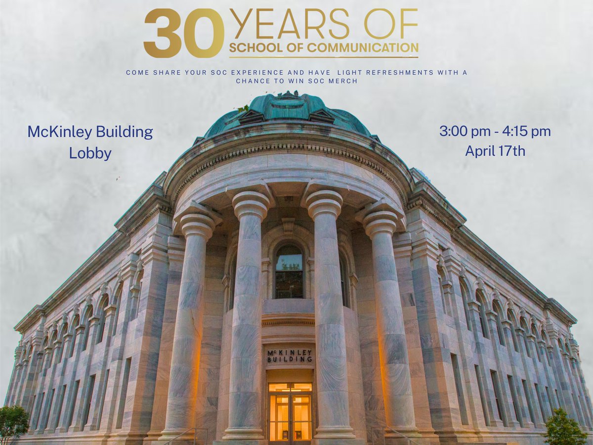 30 Years of Stories! 🎓 Join us as we celebrate three decades of the School of Communication at @americanu. Share your #AUSOC memories, mingle over refreshments, & you might just snag some cool merch! Don't miss out – April 17th, 3:00-4:15 PM. #CelebrateSOC #30YearsAnniversary