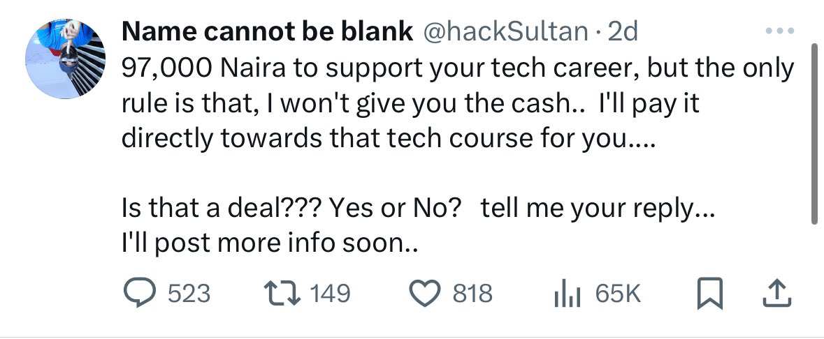 hackSultan's tweet photo. I’ll be sharing the information about this 97,000 Naira  support about your tech career soon. 

RT this and drop a comment so when I make the main tweet.  I can come and remind you. https://t.co/lXlMCSGdq4