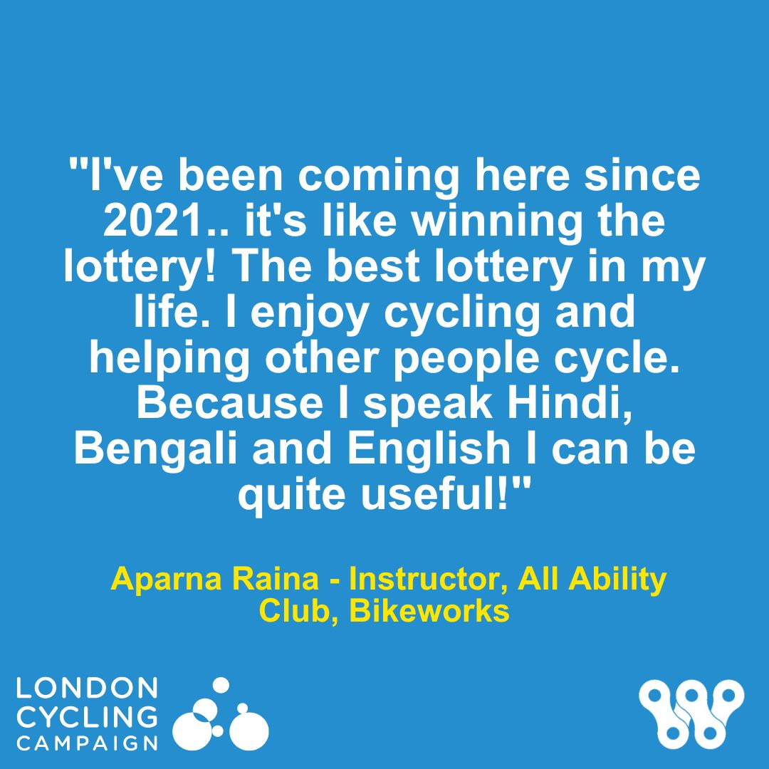 Bikeworksuk's tweet image. Wow, we are bowled over by Aparna’s kind words 🥰 This is what #cycling means to people - joy, freedom, connecting to others &amp;amp; finding a purpose.

Thx @London_Cycling for coming to see the impact our #AllAbility Clubs have on the lives of Londoners. #LondonLovesCycling #Bikeworks