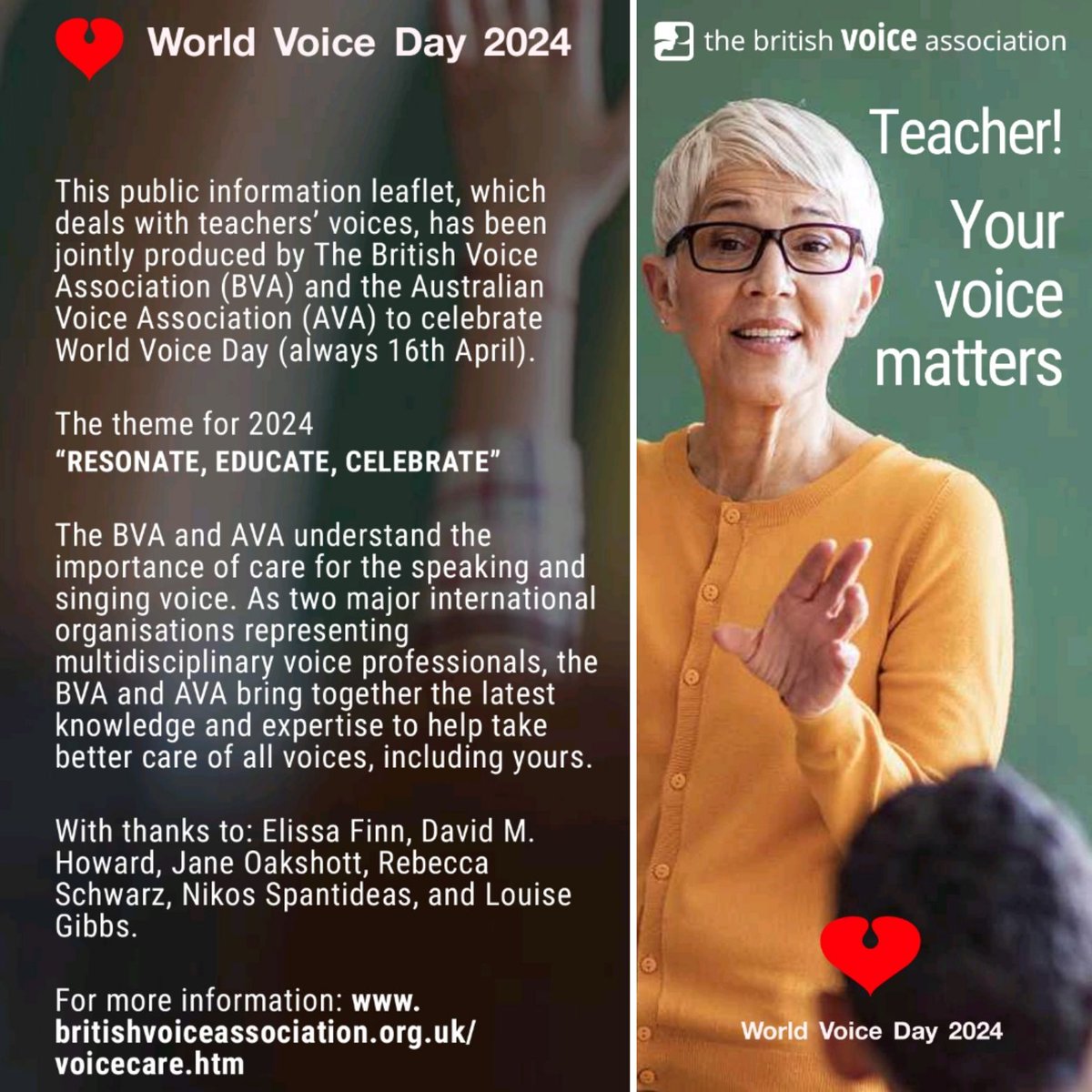 We're celebrating World Voice Day today with a new pamphlet: Teacher! Your Voice Matters. Check out our link tree below or in our bio to get your copy. linktr.ee/bvavoice