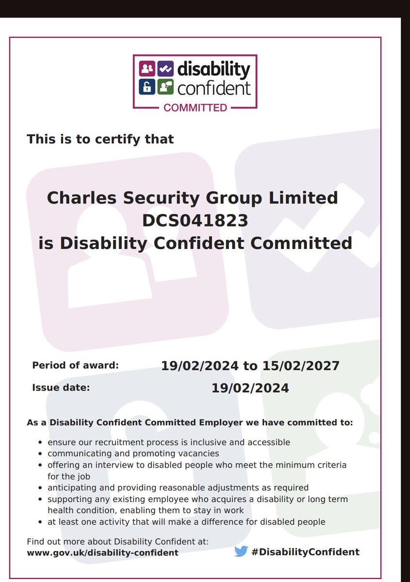 Charles Security Group are proud to be Disability confident committed. 

Here at the Charles Security group we believe those with invisible and visible disabilities should feel valued and included in the workplace. 

hashtag#security hashtag#disabilityconfidentcommited
