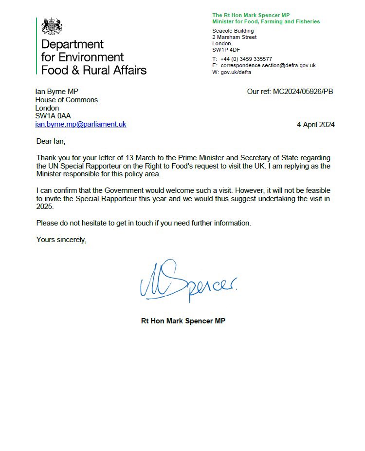 Extremely disappointed that the Government have refused the UN's @MichaelFakhri the opportunity this year, to conduct a study on what a #RightToFood would look like in the UK. We need to make sure this important work happens after the next election. #HungerIsAPoliticalChoice