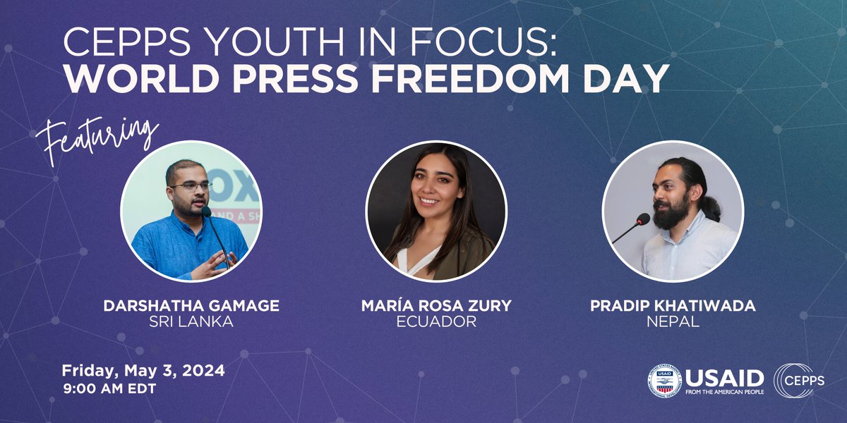 Celebrate World Press Freedom Day
Join us on 03 May 2024 at 9 AM EDT for a webinar commemorating World Press Freedom Day. Listen to young leaders from 3 countries share insights on the challenges & solutions in the fight for press freedoms.
Register now: bit.ly/4cNXiHD