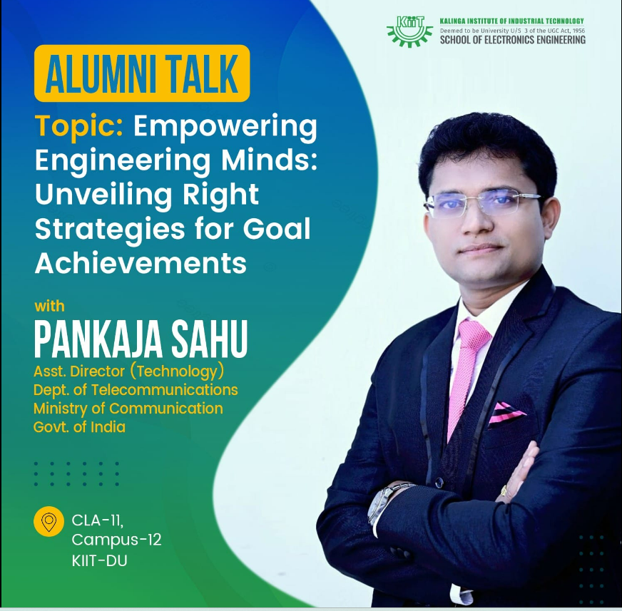 KiitSoe's tweet photo. SoEE, KIIT  organized an Alumni Talk on " Empowering Engineering Minds: Unveiling Right Strategies for Goal Achievement."Mr. Pankaja Sahu,2012 batch, Asst. Director, Department of Telecommunication, Govt.of India motivated the students how to achieve goal in life. https://t.co/rSXoVL0rqJ