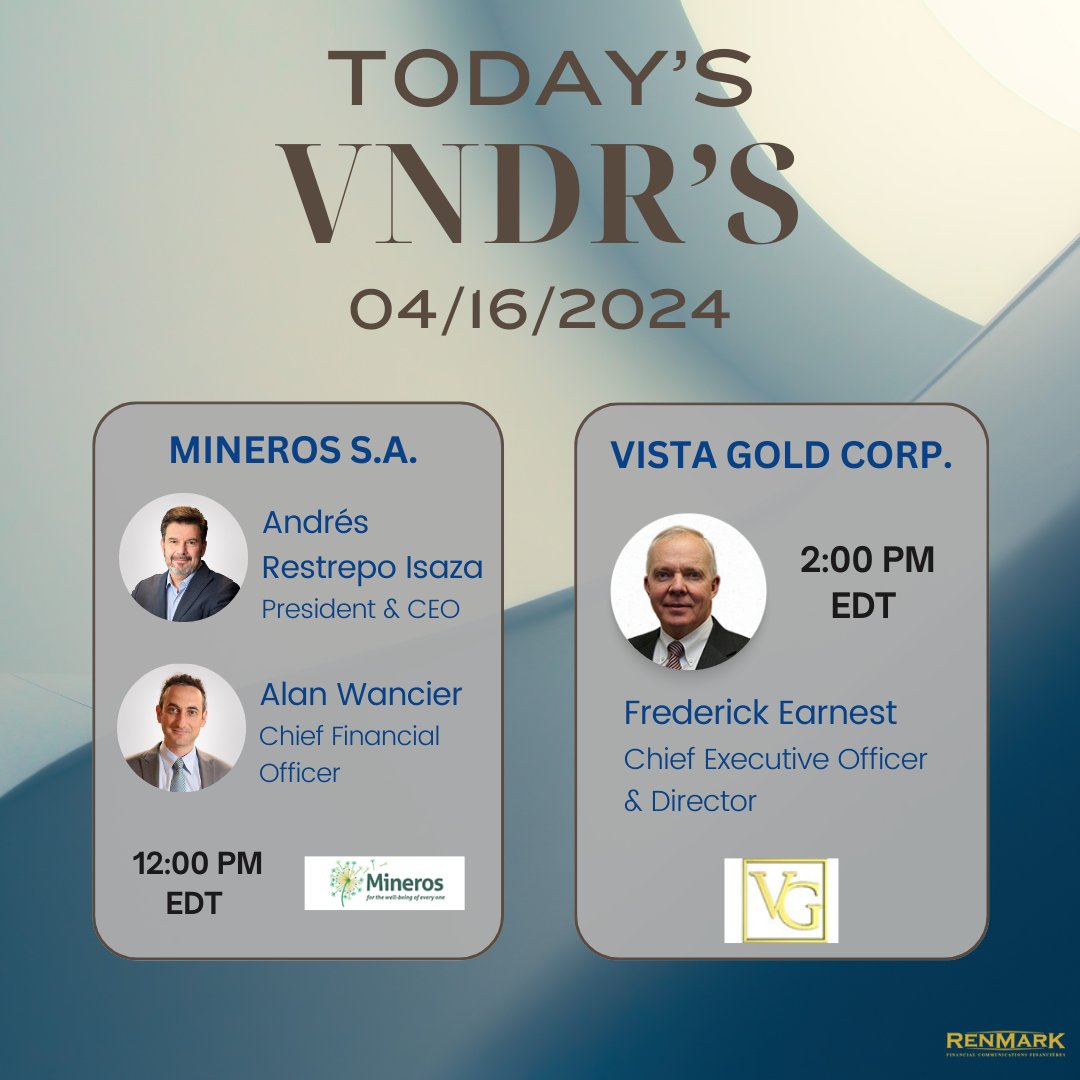 Be part of the action! Join us LIVE virtually for two Virtual Non-Deal Roadshows! #RenmarkVNDR Registrations: MSA: ow.ly/tbPN50RcpZA VGZ: ow.ly/bZRN50RcpZw #MSA #gold #mining #colombia #VGZ #gold #Australia