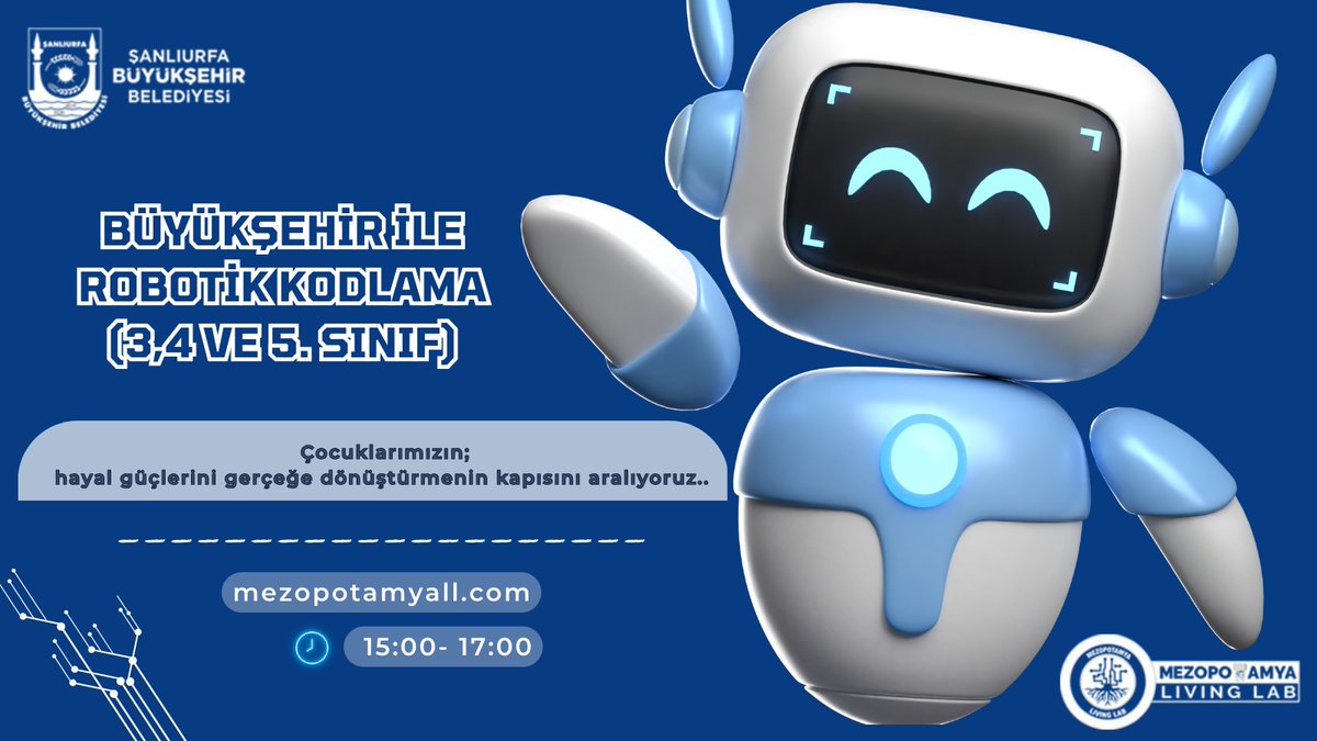 🚀 Mezopotamya Living Lab olarak heyecan verici bir haberimiz var! 🤖 Robotik Kodlama Kursu kayıtları başladı! Geleceğin teknolojisini şimdi keşfedin ve çocuğunuzu geleceğe hazırlayın. #MezopotamyaBilimMerkezi mezopotamyall.com/egitim-detay/r… @Selcuk @ProfHasanMandal @mkasimgulpinar_…