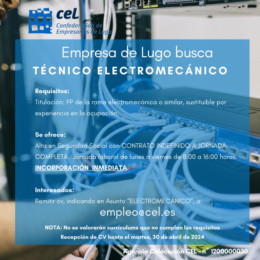 📢 Nueva #OfertadeEmpleo: Empresa de Lugo busca electromecánico/a para incorporación inmediata.

Interesad@s remitir cv (según modelo de nuestra Agencia de Colocación cel.es/es/actualidad/…).

#empleo #ofertaempleo #ofertadetrabajo #Lugo #electromecánico #AgenciaColocacionCEL