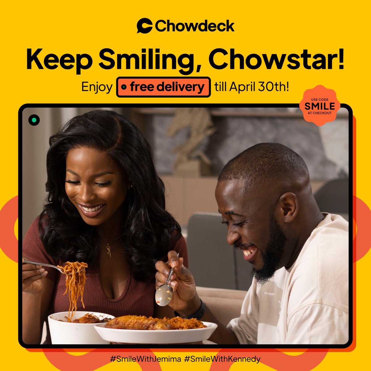 Chowstars, there’s nothing we want more than to keep you smiling 🥹 Come enjoy free delivery till April 30, and let’s turn that frown upside down! 💚 Use SMILE at check out to enjoy. #Chowdeck #KeepSmilingChowstar #SmileWithKennedy #SmileWithJemima