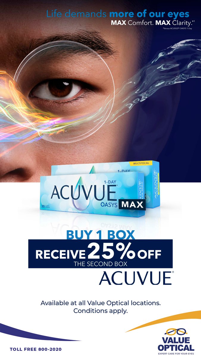 🌟 Dive into comfort with ACUVUE® OASYS MAX 1-Day! Get 25% OFF your second box when you buy one. Stock up on comfort and savings! 🌈🎉 #AcuvueOasys #ContactLenses #ValueOptical