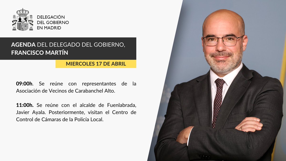 🗓️¡Agenda del 17 de abril! El delegado, @franmartagui, se reúne con la Asociación de Vecinos de Carabanchel Alto. Después, mantiene una reunión con el alcalde de @AytoFuenlabrada, @JavierAyalaO, con quien visita el Centro de Control de Cámaras de la @PoliciaFuenla.