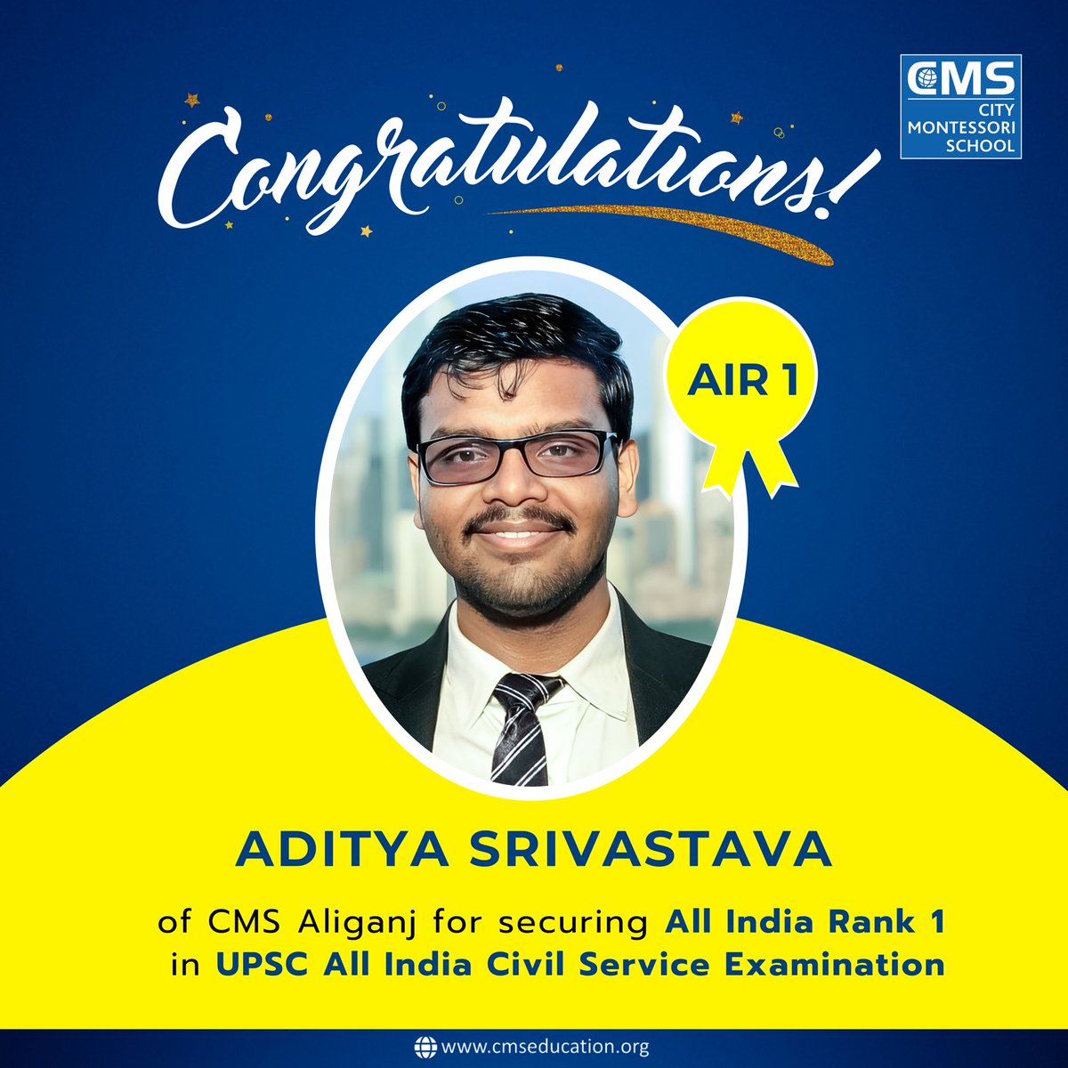 We're ecstatic to announce that Aditya Srivastava, our alumnus of CMS Aliganj Campus, has topped the country in the UPSC Civil Services Exam, securing All India Rank 1! 🎉

#UPSC #CivilServices #ProudAlumni