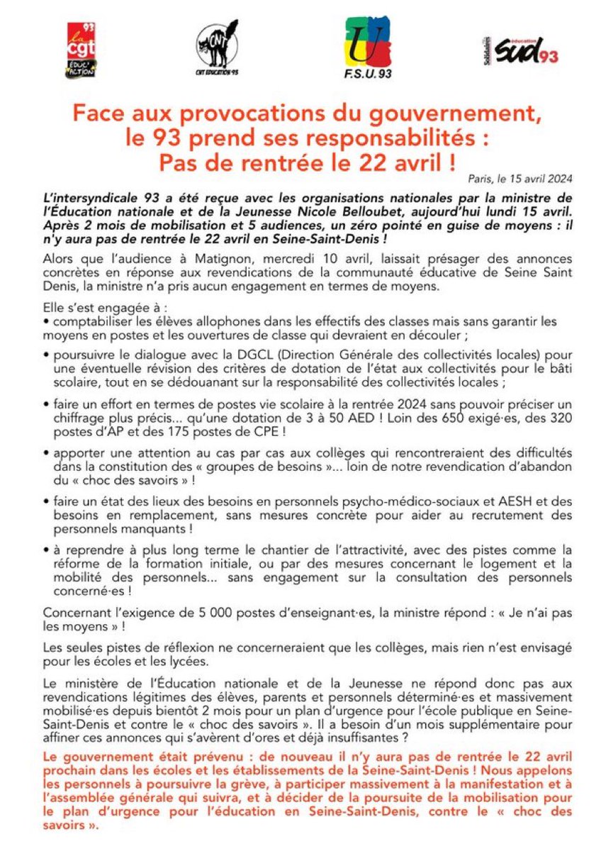 ⚠️ Hier, la ministre <a href="/NBelloubet/">Nicole Belloubet</a> a annoncé qu’elle ne répondrait pas aux besoin du #plandurgence93. Pourtant ces moyens sont indispensables. Pour l’égalité, le droit à l’épanouissement et au savoir. On continue. On lâche rien. Pas de rentrée en avril sans PlanDurgence93. 🪧✊🏻