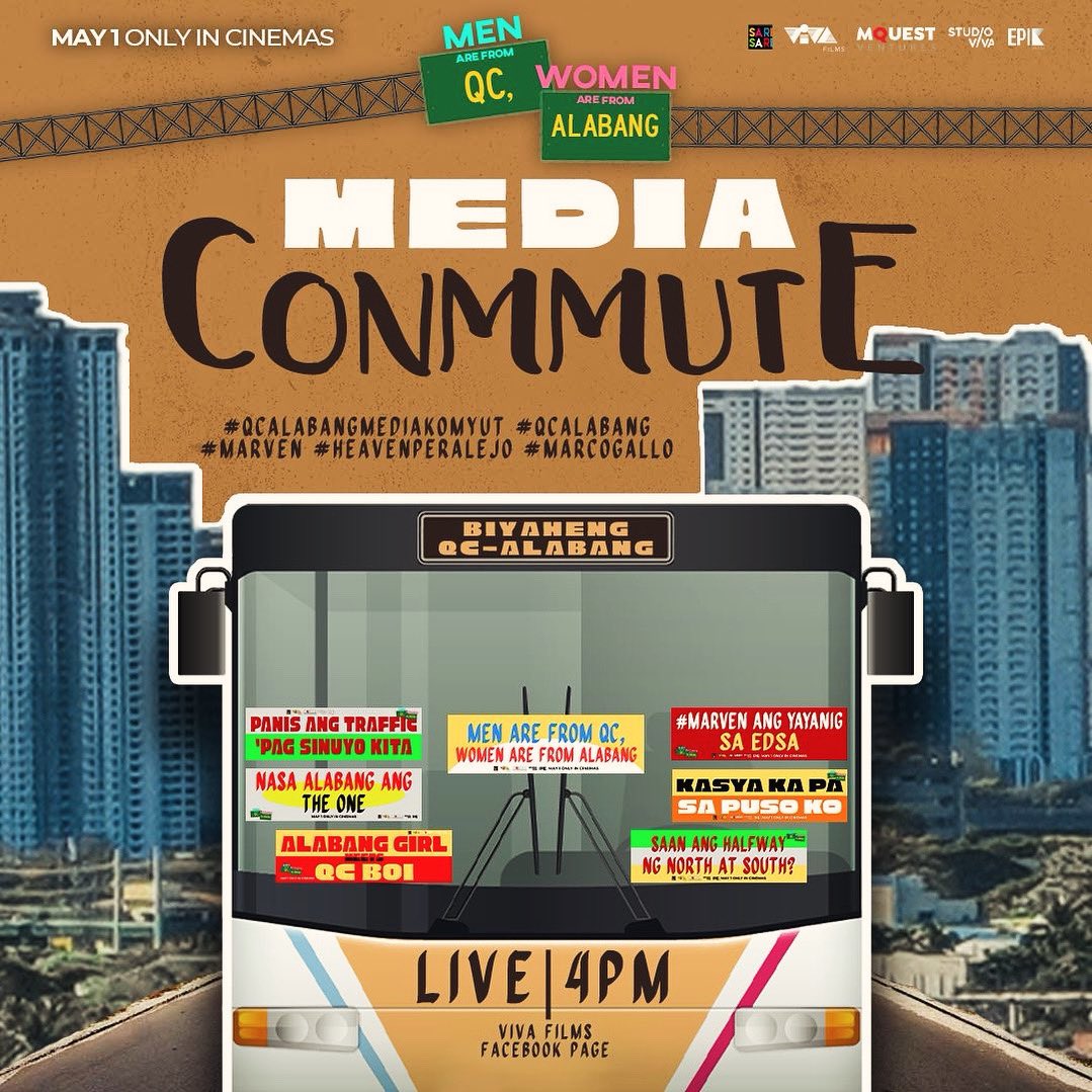 VIVA_Films's tweet photo. STOP!🚦DAHIL ANG #MarVen BABYAHE NA PA-ALABANG!🚌

Watch out for #HeavenPeralejo and #MarcoGallo together with Direk Gino M. Santos at the Media Conference of 'MEN ARE FROM QC, WOMEN ARE FROM ALABANG'! 

Catch us LIVE on VIVA Films fb page tomorrow, APRIL 17, 4PM!

#QCAlabang https://t.co/MMGZdubjn4