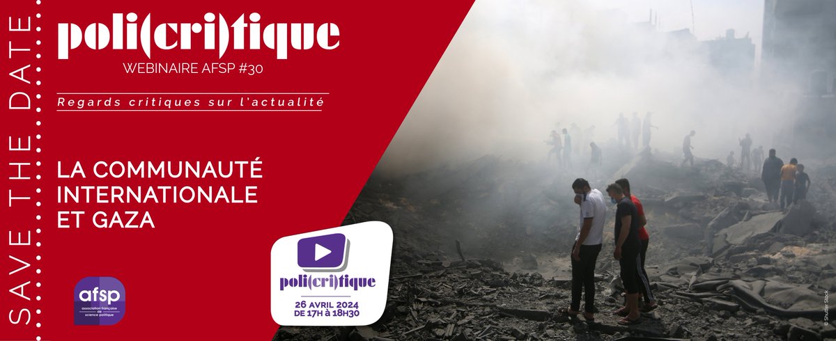 La communauté internationale et Gaza 👉 Décryptage complet dans notre prochain #webinaire Poli(cri)tique le 26 avril 2024 de 17h à 18h30 Avec Denis Charbit, Julia Grignon, Frédéric Ramel & Tara Varma Pour en savoir plus et s'inscrire : afsp.info/webinaire-poli… #gaza #israel