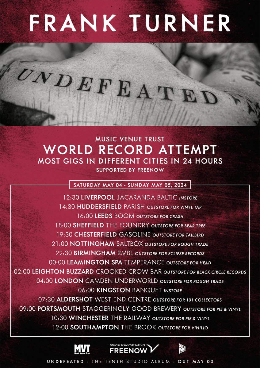 This will be A LOT of fun. @frankturner attempts the world record to play the most gigs in different cities in 24 hours - celebrating new album 'Undefeated' out 3rd May. All shows are solo and a minimum of 20 mins. Get involved! Album & ticket bundles: frankturner.orcd.co/mvtwrtickets