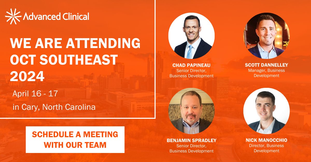 Connect with the Advanced Clinical team at the OCT Southeast 2024 conference. We are ready to learn how we can help you achieve your clinical research goals with our CRO, FSP, and strategic resourcing solutions. Schedule a meeting: hubs.la/Q02rvmvb0 #OCT #OCTSoutheast