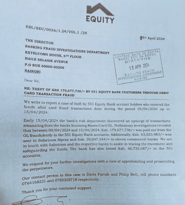 Hackers have stolen Sh179 million from Equity bank through card fraud @KeEquityBank tutoe pesa yetu