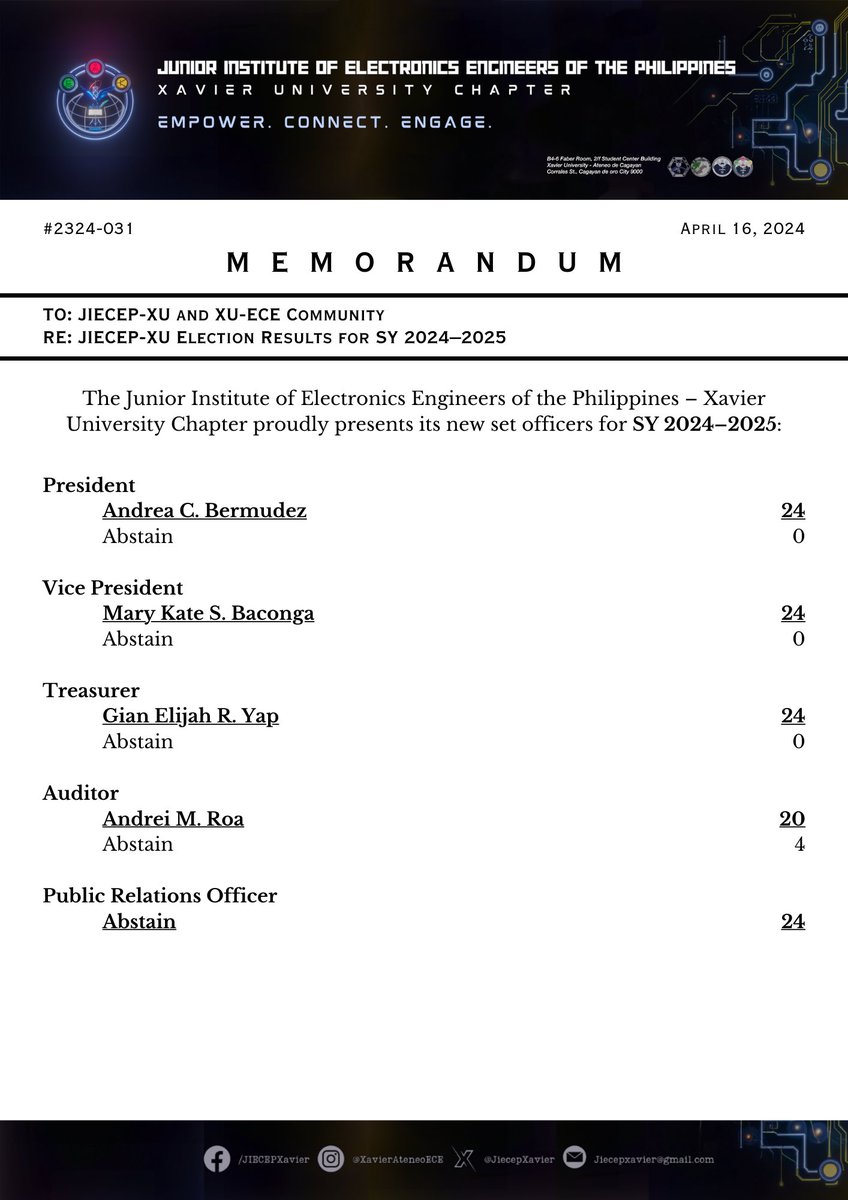 JIECEPXavier's tweet photo. [READ]

Memorandum 2324-031: JIECEP-XU Election Results for SY 2024–2025

JIECEP-XU Memoranda: https://t.co/oXgtiJpDL0 https://t.co/wNdMHOg8NZ