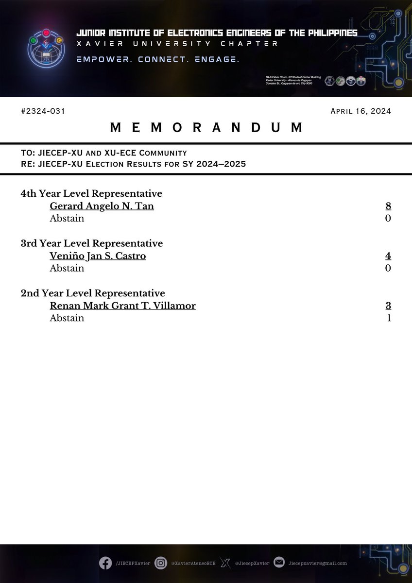 JIECEPXavier's tweet photo. [READ]

Memorandum 2324-031: JIECEP-XU Election Results for SY 2024–2025

JIECEP-XU Memoranda: https://t.co/oXgtiJpDL0 https://t.co/wNdMHOg8NZ