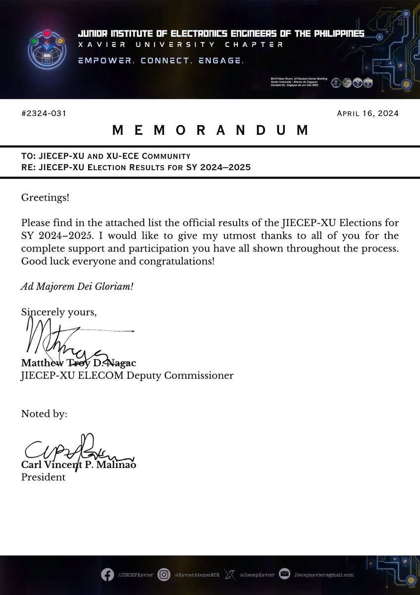 JIECEPXavier's tweet photo. [READ]

Memorandum 2324-031: JIECEP-XU Election Results for SY 2024–2025

JIECEP-XU Memoranda: https://t.co/oXgtiJpDL0 https://t.co/wNdMHOg8NZ