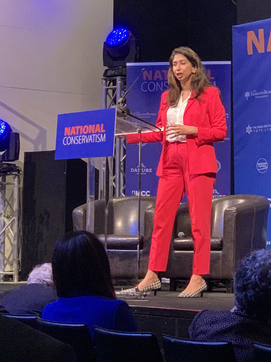 Suella Braverman, pictured today serving her Fareham constituents by attending a National Conservatism (NatC) conference in Brussels, which the Belgian police have shut down twice already.