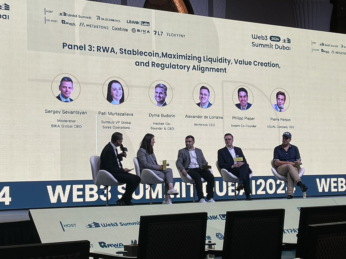 Phenomenal panel on RWA, Stablecoins and Regulation with Pati Murtazalieva from @Sumsubcom, @buda_kyiv of @hackenclub , @alexdelorraine of @Archblock_ and @PhilippPieper of @SwarmMarkets , one of the best today at the @summit_web3_ with @LBankLabs