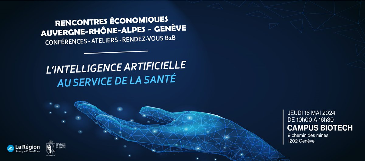 .<a href="/auvergnerhalpes/">Auvergne-Rhône-Alpes</a> et #Genève invitent les entreprises des deux côtés de la frontière aux prochaines Rencontres économiques. RDV le jeudi 16 mai au <a href="/CampusBiotech/">Campus Biotech</a>. Cette édition 2024 sera consacrée à "L'#IA au service de la #santé" 💊🏥
Infos: ge.ch/document/renco…
#IA #medtech