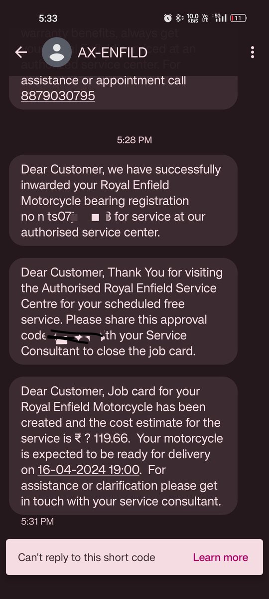 Illuminitus's tweet photo. @royalenfield Fake Service Scam? 
My bike is currently in Gurgaon while i have received a service bill issued on my name for my hunter350 in Hyderabad. The free service has been exhausted without any service being done. Shame on RE service #fakeservice #RoyalEnfield #vvchyderbad https://t.co/XCi0pVPzBM