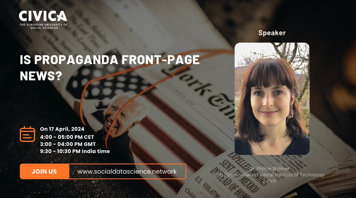 JCLeschke's tweet photo. Is propaganda front-page news? 🗞️ Join us tomorrow at 4pm CET to find out how @phinifa from @ETH answers this questions using cutting-edge #NLP tools in our  #CIVICADataScience Seminar at @EUI_EU.
Register here for zoom link👉 https://t.co/T3lm1bvKgi 1/4 https://t.co/OFGcZBDgAi
