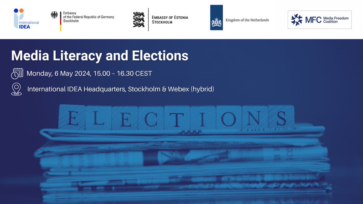 Media Literacy and Elections - the MFC is collaborating on this panel discussion for World Press Freedom Day, involving embassies in Stockholm together with @Int_IDEA 6th May, 1500 CET Join in-person or online - more information: idea.int/events/media-l…