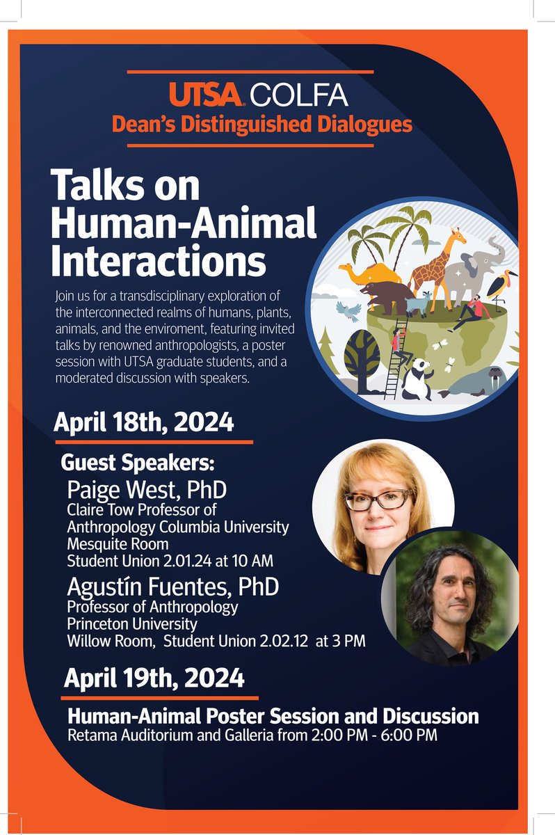 UTSA Anthropology (@utsaanthro) on Twitter photo Join us for a transdisciplinary exploration of the interconnected realms of humans, plants, animals, and the environment, featuring invited talks by renowned anthropologists @PaigeWestNYC and <a href="/Anthrofuentes/">Agustรญn Fuentes</a>, a poster session with UTSA students, and a moderated discussion Join us for a transdisciplinary exploration of the interconnected realms of humans, plants, animals, and the environment, featuring invited talks by renowned anthropologists @PaigeWestNYC and <a href="/Anthrofuentes/">Agustรญn Fuentes</a>, a poster session with UTSA students, and a moderated discussion