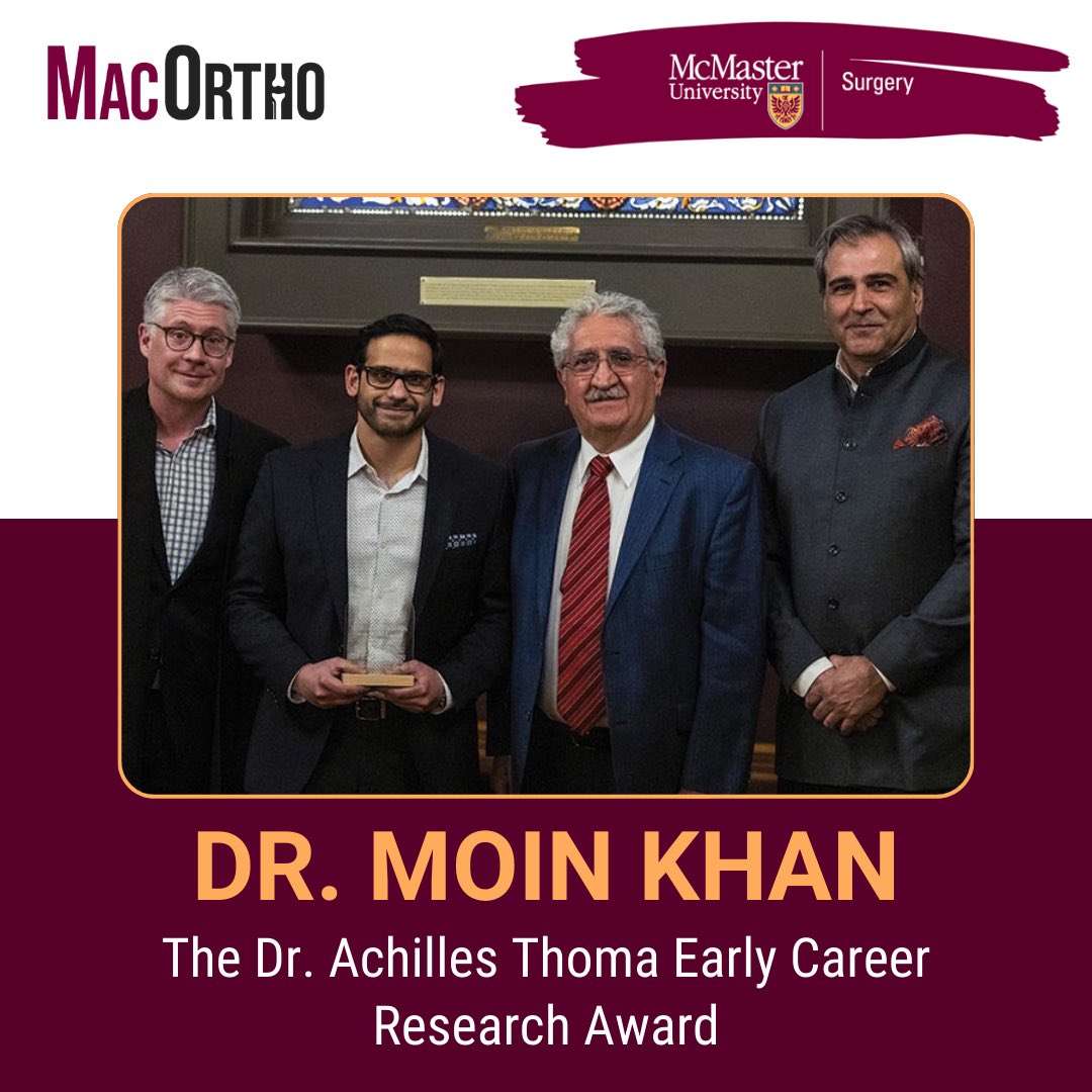 Congratulations to @moinkhan_md on receiving The Dr. Achilles Thoma Early Career Research Award from @McMasterSurgery!🎉 #WeAreMacOrtho