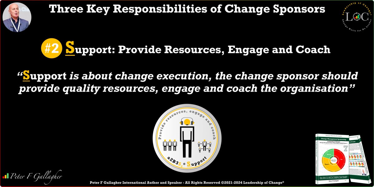 #LeadershipOfChange
#ChangeManagementSponsorship
SUPPORT: Provide Resources, Engage and Coach
Support is about change execution, the change sponsor should provide quality resources, engage and coach the organisation
#ChangeManagement
bit.ly/3vkyAIa