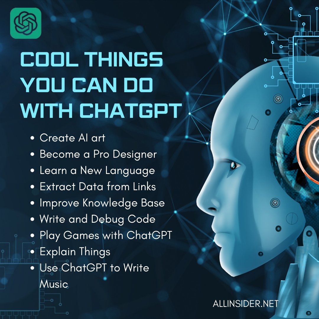 Cool Things You Can Do  with ChatGPT
Check out this post to know the amazing things -
.
.
.
.
.
.
#ChatGPTMagic #AIWonders #GetCreativeWithChatGPT #ChatGPTFun #TechTalent #AIHumor #InnovationStation #MindBlown #ChatGPTShenanigans #EmbraceTheFuture #DigitalDreams #TechMagic