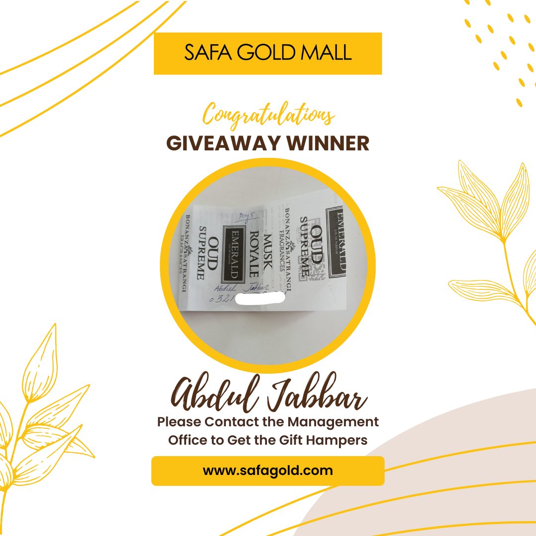 Congratulations to Abdul Jabbar, our lucky winner on day 5of the 10 Years Celebration Lucky Draw at Safa Gold Mall! 🎉✨ Join us in celebrating a decade of excellence with exciting prizes and surprises every day! Stay tuned for more winners and celebrations ahead!

#safagoldmall
