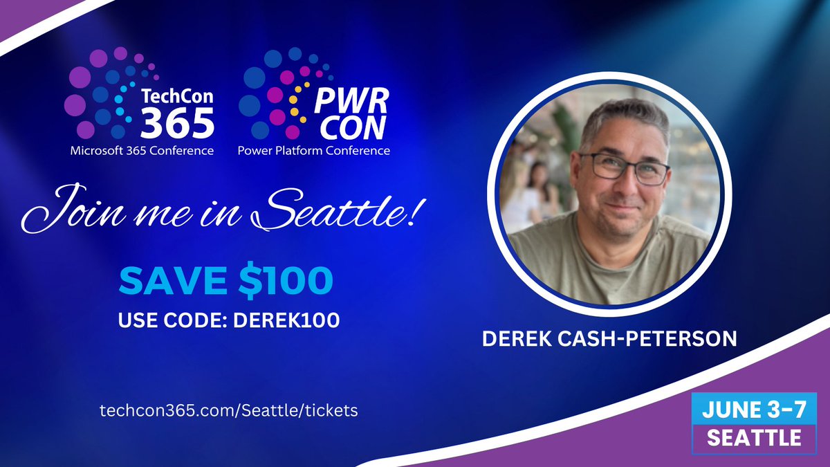 Sympraxis Consulting (@sympraxisc) on Twitter photo Don't miss out on 4 game-changing sessions with <a href="/spdcp/">Derek Cash-Peterson 🏳️🌈 (he/him)</a> at <a href="/TechCon365/">TechCon 365, PWRCON & DATACON</a>! 🥳 From expert Q&A to mastering #SPFx for employee experiences, his sessions have it all. PLUS, use code DEREK100 at checkout and #save $100 on your ticket 💸 #Microsoft365Dev techcon365.com/Seattle/ Don't miss out on 4 game-changing sessions with <a href="/spdcp/">Derek Cash-Peterson 🏳️🌈 (he/him)</a> at <a href="/TechCon365/">TechCon 365, PWRCON & DATACON</a>! 🥳 From expert Q&A to mastering #SPFx for employee experiences, his sessions have it all. PLUS, use code DEREK100 at checkout and #save $100 on your ticket 💸 #Microsoft365Dev techcon365.com/Seattle/