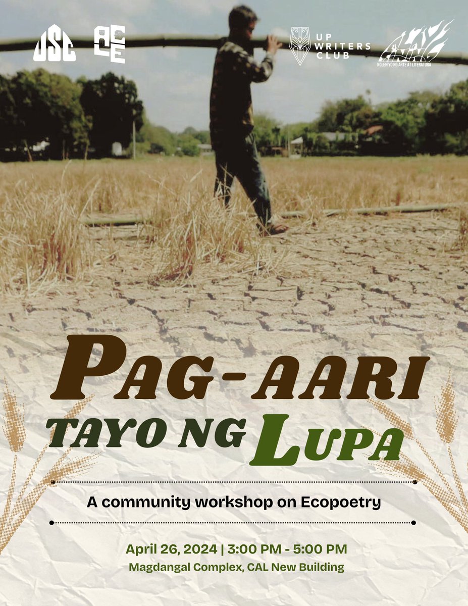 UPWritersClub's tweet image. Handa ka na ba humaplos ng damo? 🌿🌱🍃

Tara’t lumabas sa apat na sulok ng klasrum at yumapak sa luntiang lupain para sa gaganapin na ACLE ngayong semestre!

🗓 Abril 26, 3-5 PM
📍 Magdangal Complex, CAL New Building

#ACLE2324
#LITUP2024
#WriteBack
#ThisVerseIsOurs