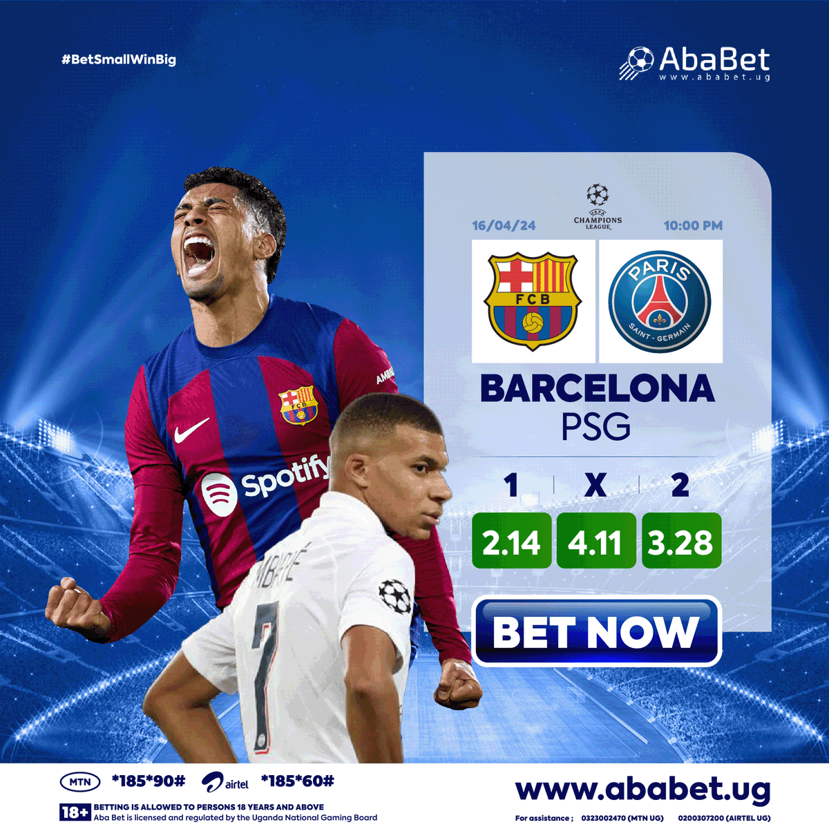 Hosting this quarter-final second leg, #Barcelona hold the advantage as they welcome #PSG. The #Catalans may be on the way to their first #UEFAChampionsLeague semi-final appearance since 2018/19.

> ababet.ug <
MTN- *185*90# AIRTEL- *185*60#

#AbaBet #BetSmallWinBig