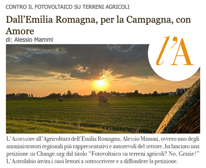 🟠 Condividiamo e invitiamo a firmare la petizione di @AlessioMammi, assessore agricoltura @RegioneER, contro il #fotovoltaico su terreni agricoli, di valore in senso assoluto in tutta Italia. 👉La petizione: tinyurl.com/2zh5mb7v 👉#Astrolabio: tinyurl.com/389u8pww