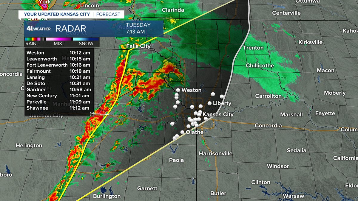 Some scattered showers still possible ahead of the main line of strong to severe thunderstorms moving into eastern KS. Here's the timing of when the line should get close to KC...Stay aware as this line draws near! @kshb41