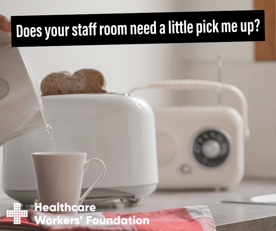 Is your staff room lacking a little something? If you feel your rest space could benefit from a small electrical item such as a new kettle, we may be able to help. Contact us with the following: • What your rest room needs & why. Hospital you are applying for & staff count.