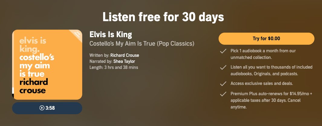 RichardCrouse's tweet photo. My #PopClassics book #ElvisIsKingCostellosMyAimIsTrue is now available as an audio book! Listen to the book, then listen to the record! Or vice versa! https://t.co/G4PpAb3xee https://t.co/ghBjeZ4DjI