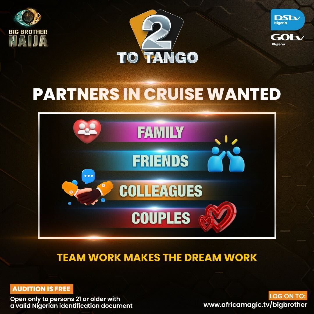 Call up your siblings, hit up your friends, shoot an email to your favourite colleague, or cozy up for a sweet pillow talk with bae. Biggie needs the 2️⃣ of you to audition for this season of #BBNaija! Visit africamagic.tv/bigbrother to get started. Auditions close on 20th,…