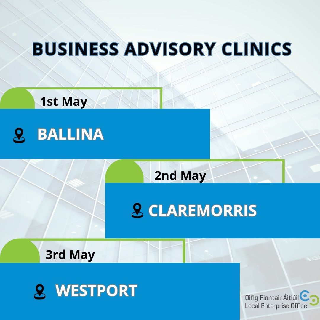 Join our 25 to 30 minute business advisory meetings. These will be an introductory meeting with our business advisors. Register here: Ballina: tinyurl.com/2j7vdbbp Claremorris: tinyurl.com/5dcrydds West port: tinyurl.com/422y77ju #LEOMayo #MakingItHappen