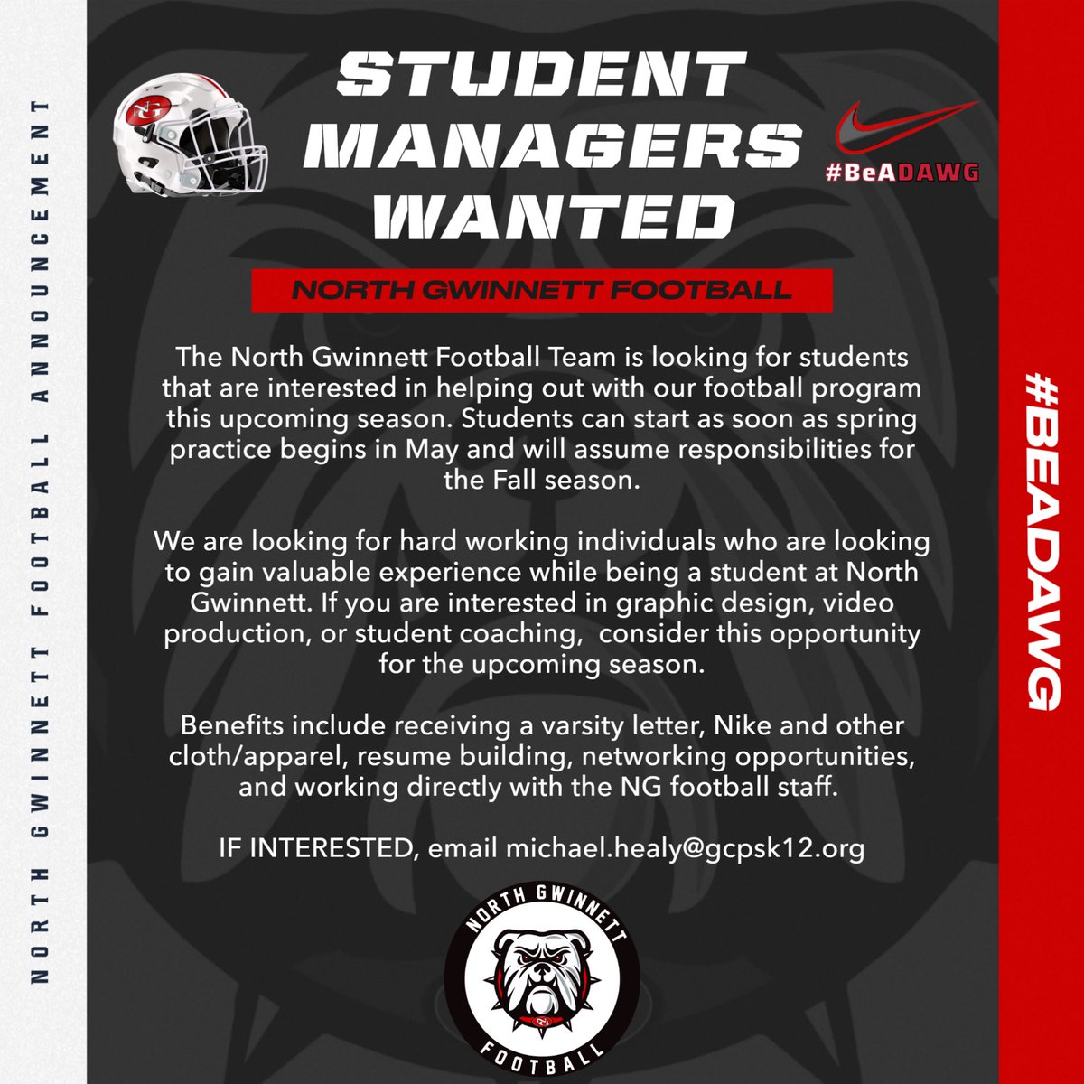 🚨STUDENTS MANAGERS WANTED🚨 -GRAPHIC DESIGN -VIDEO PRODUCTION -STUDENT COACHING -GAME DAY RESPONSIBILITIES -PRACTICE RESPONSIBILITIES Interested student contact Coach Mike Healy - michael.healy@gcpsk12.org