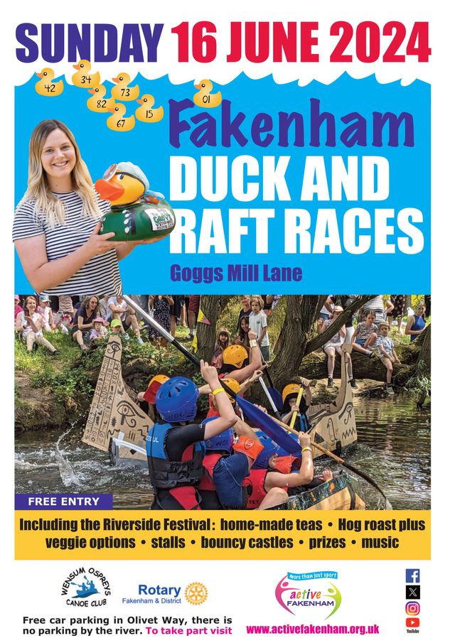 ActiveFakenham's tweet photo. Join us for the 2024 Riverside Community Day, Raft &amp; Duck Races 🦆

#What3Words "strikers.recur.unzipped"

Bring a chair or blanket and a picnic or visit our food stalls. Listen to the live Music and enjoy the fun. 

Find out more here 👇
https://t.co/Q59Rm3i21F https://t.co/DAQ6OSy7gK