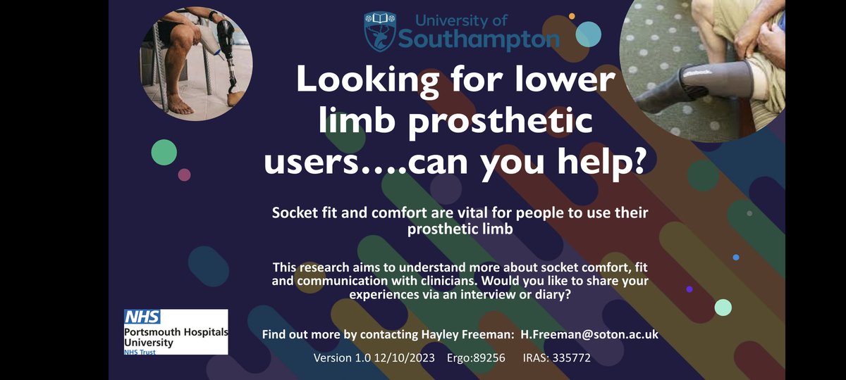 Chantel Ostler (@research_agent) on Twitter photo Socket comfort is so important! We are trying to understand what its like to use a prosthetic socket. If you would like to share your experience in an online interview please get in touch. Understanding can help us improve things.
Contact: h.freeman@soton.ac.uk Socket comfort is so important! We are trying to understand what its like to use a prosthetic socket. If you would like to share your experience in an online interview please get in touch. Understanding can help us improve things.
Contact: h.freeman@soton.ac.uk
