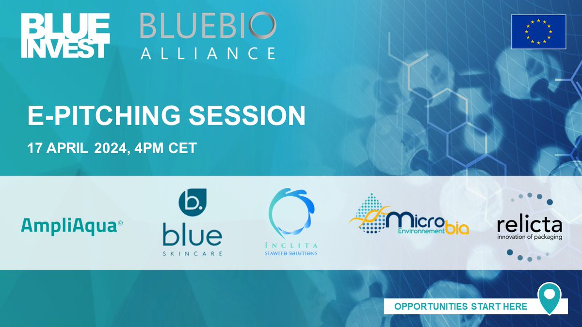 EU_MARE's tweet photo. Join the #BlueInvest &amp; #BlueBio Alliance e-Pitching session on April 17! Discover 5 start-ups with high market potential techs and find your perfect match. 

AmpliAqua, Blue SkinCare, InclitaSeaweed, Microbia Environnement, Relicta.

👉https://t.co/9zx7ggcOJ3

#EUGreenDeal https://t.co/AV9ms9ag8Q